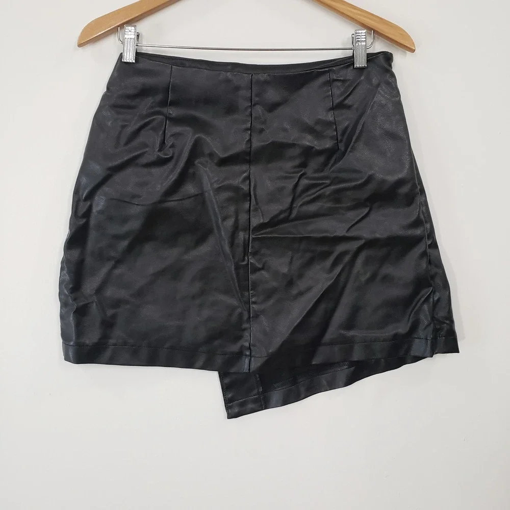 Blue Rain Francescas Mini Skirt Womens Large Black Faux Leather‎ Wrap Asymmetric